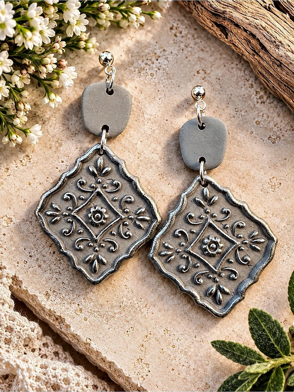 Ornate Silver Drop Handmade Polymer Clay Earrings